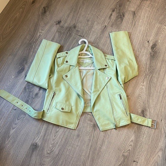 Cleo Pear  Green Moto Faux Leather with attached belt . - Picture 4 of 8
